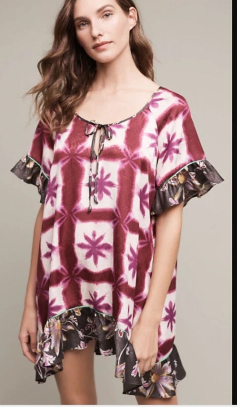 Anthropologie Eloise Tunic Dress Sz XS Shibori Blooms Purple Floral Chemise